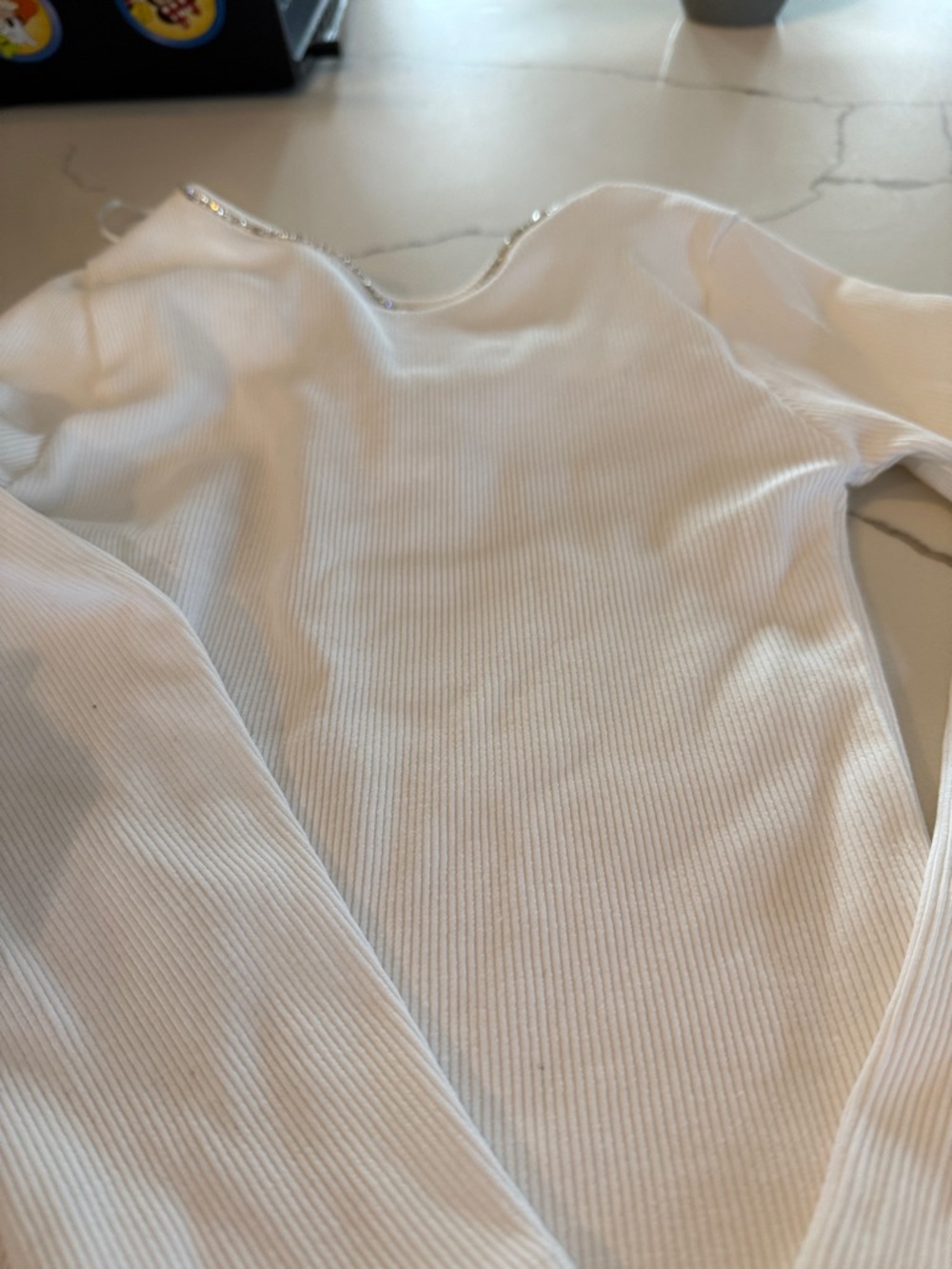 White Ribbed Long Sleeve Top with Embellished Neckline girls 6-7 ZARA